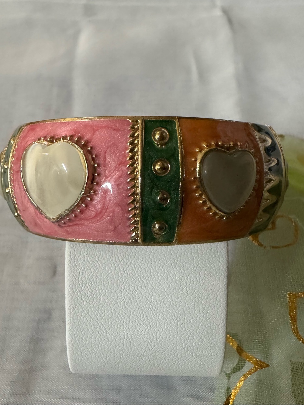 Handcrafted Pink and Golden Heart Enamel Bangle Bracelet -NWT comes w/mesh pouch